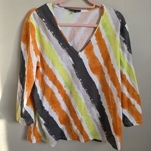 Lafeyette 148 V-Neck Striped Ladies Size XXL Orange Lime Gray Artsy Abstract